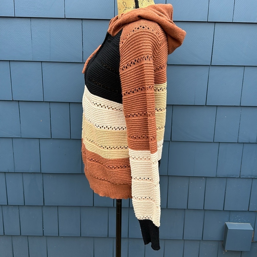 🤎🖤🤍Shein brown striped sweater zipper hoodie cardigan medium - Picture 6 of 7